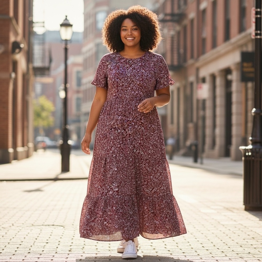 J. Crew Maxi Dress Womens Tiered Floral Print Burgundy M Excellent Short Sleeve